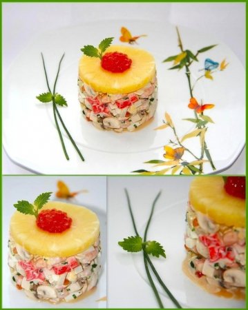 Салат с морепродуктами, грибами и ананасом