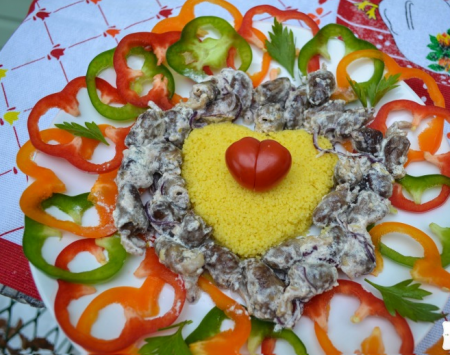 Рецепт Романтический кус-кус, с тыквенным маслом, куриными сердечками в сливочном соусе