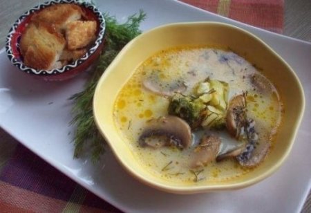 Сырный суп  с шампиньонами и брокколи.